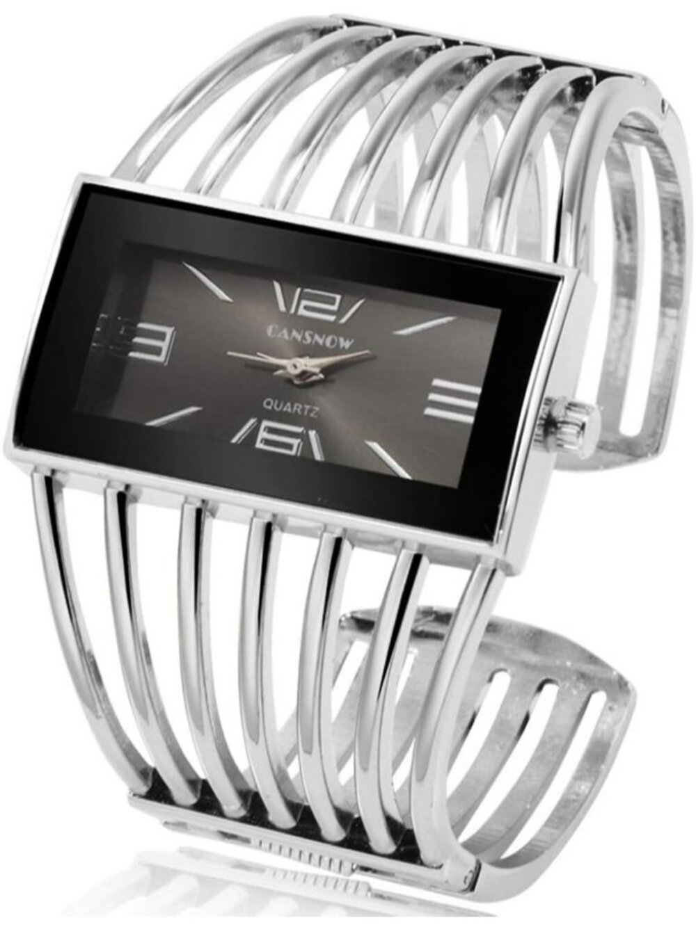 Women's Silver Analog Quartz Rectangular Dial Hollow Luxury Cuff Bracelet Watch